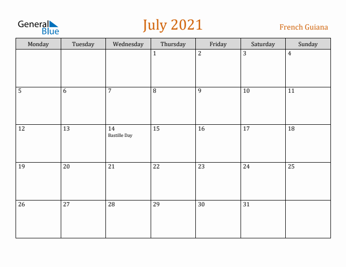 July 2021 Holiday Calendar with Monday Start