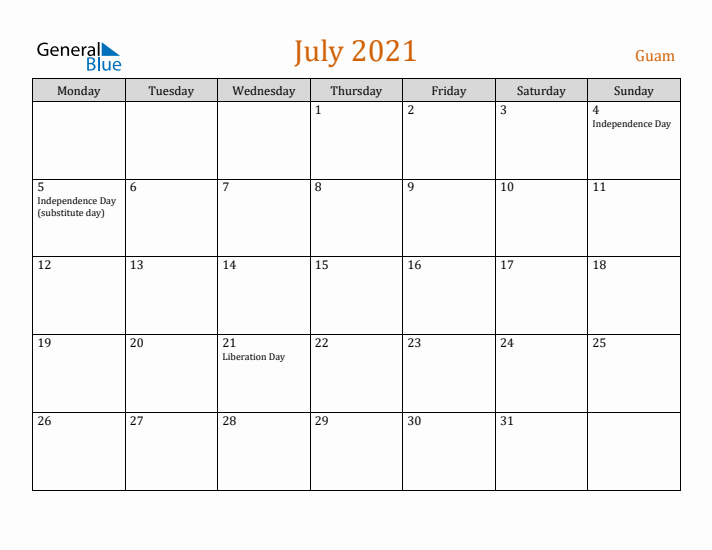 July 2021 Holiday Calendar with Monday Start