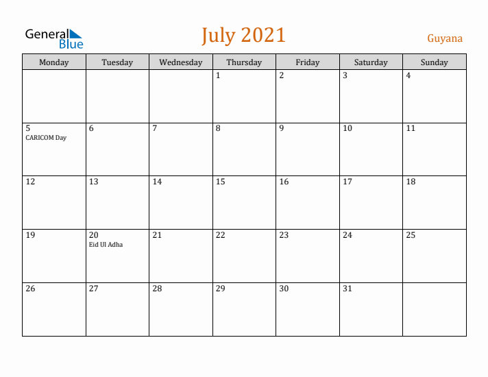 July 2021 Holiday Calendar with Monday Start