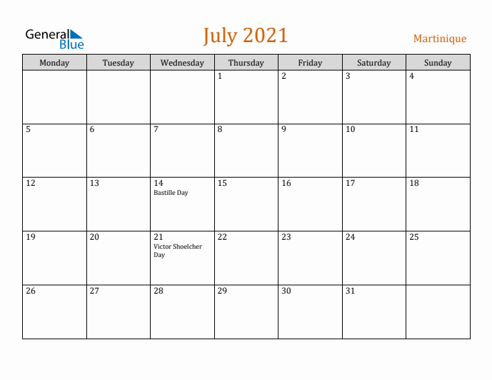 July 2021 Holiday Calendar with Monday Start