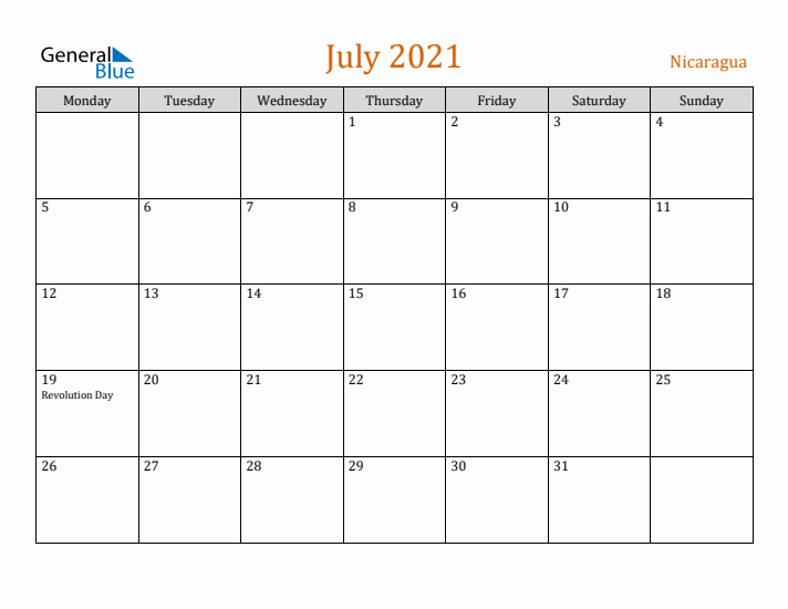 July 2021 Holiday Calendar with Monday Start