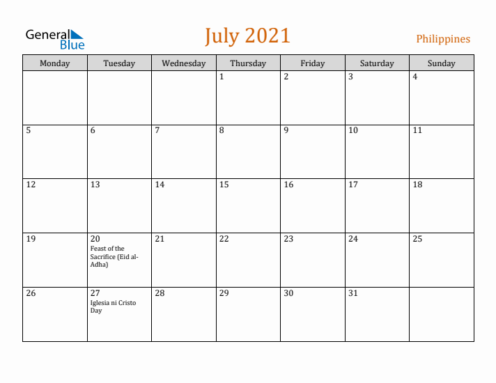 July 2021 Holiday Calendar with Monday Start