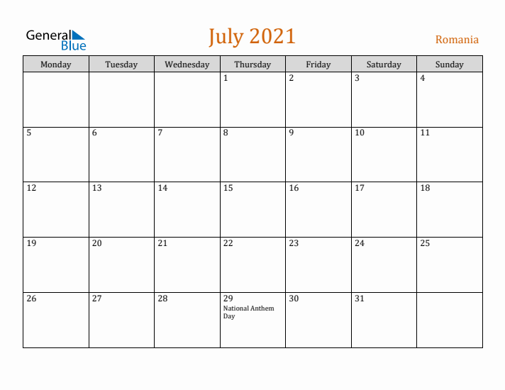 July 2021 Holiday Calendar with Monday Start