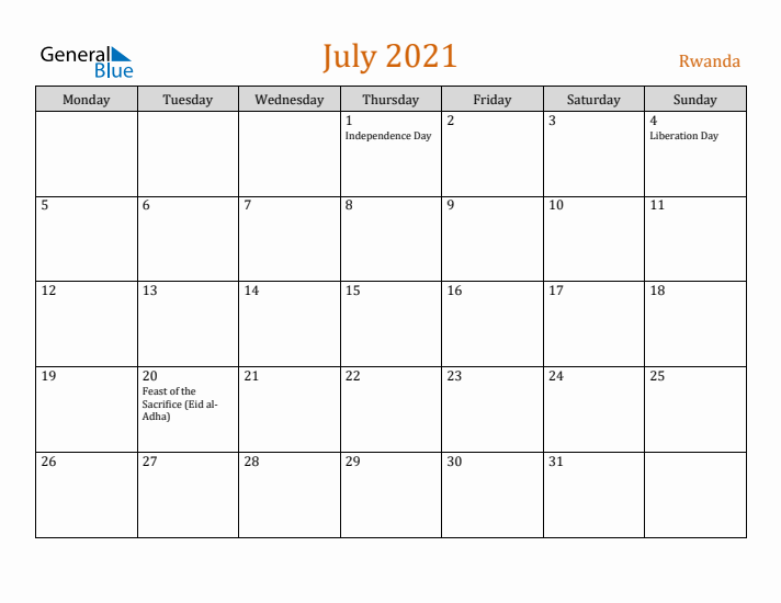 July 2021 Holiday Calendar with Monday Start