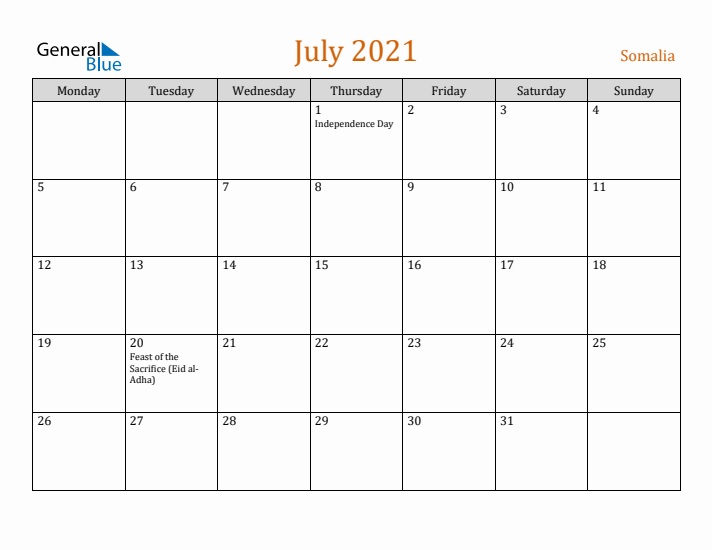 July 2021 Holiday Calendar with Monday Start