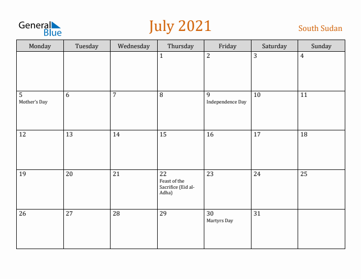 July 2021 Holiday Calendar with Monday Start