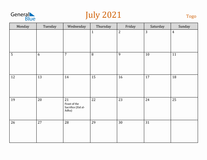 July 2021 Holiday Calendar with Monday Start