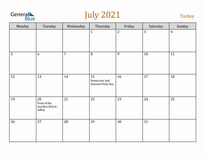 July 2021 Holiday Calendar with Monday Start