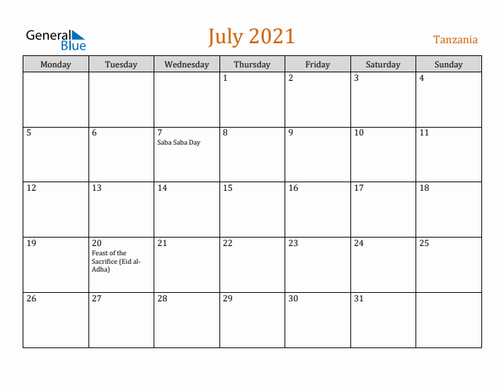 July 2021 Holiday Calendar with Monday Start