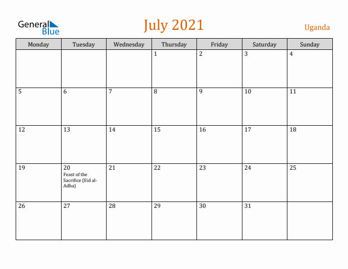 July 2021 Holiday Calendar with Monday Start