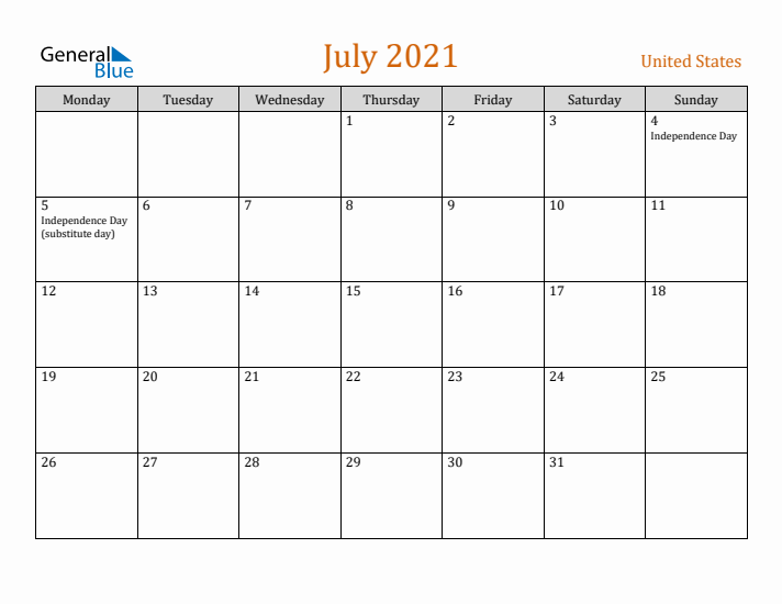 July 2021 Holiday Calendar with Monday Start