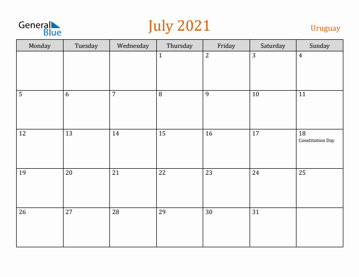 July 2021 Holiday Calendar with Monday Start