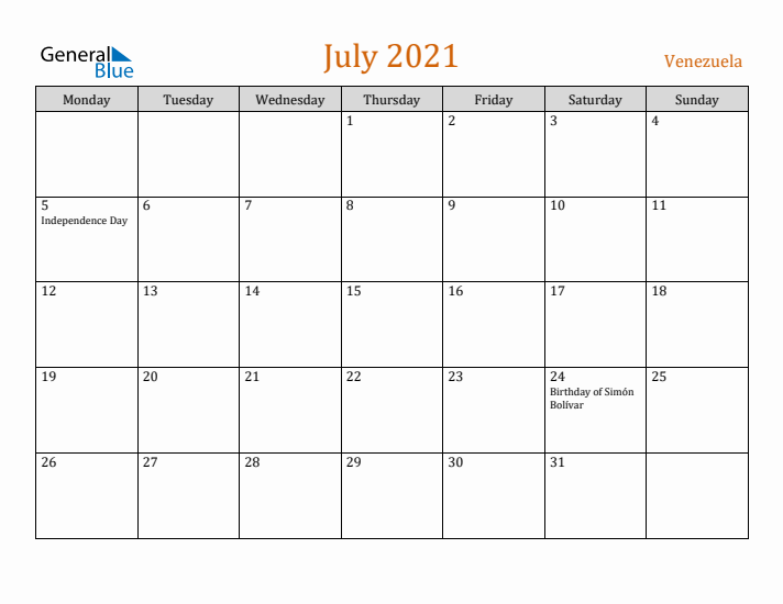 July 2021 Holiday Calendar with Monday Start