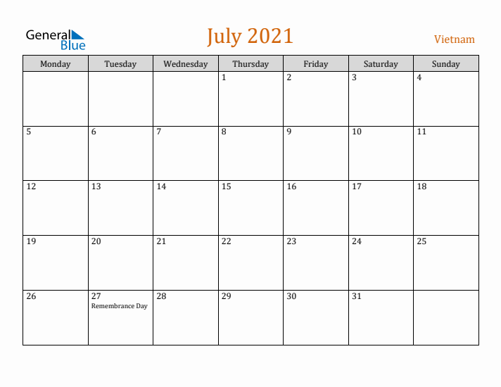 July 2021 Holiday Calendar with Monday Start