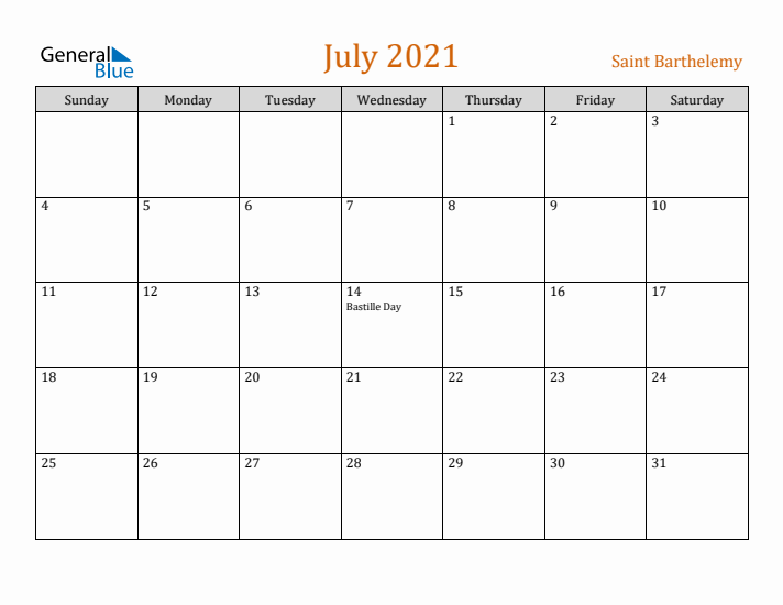 July 2021 Holiday Calendar with Sunday Start