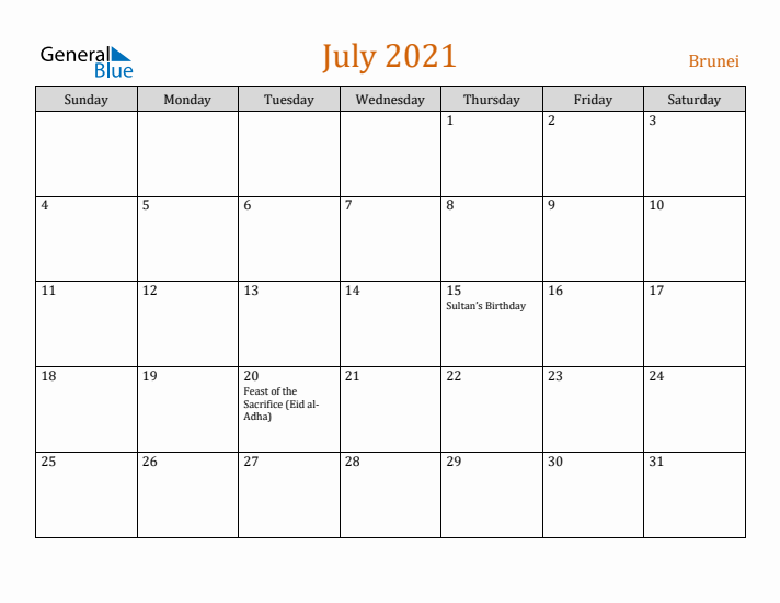 July 2021 Holiday Calendar with Sunday Start