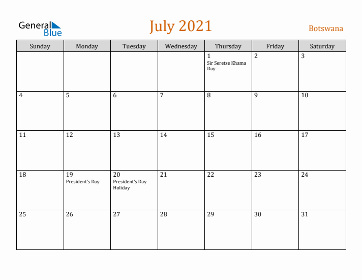 July 2021 Holiday Calendar with Sunday Start