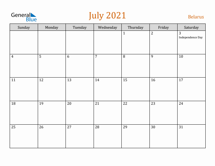 July 2021 Holiday Calendar with Sunday Start