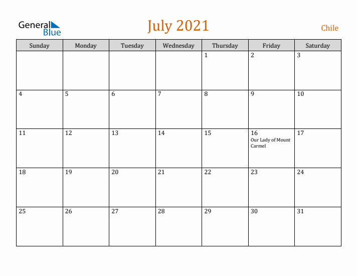 July 2021 Holiday Calendar with Sunday Start