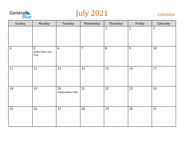 July 2021 Holiday Calendar with Sunday Start