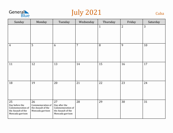 July 2021 Holiday Calendar with Sunday Start