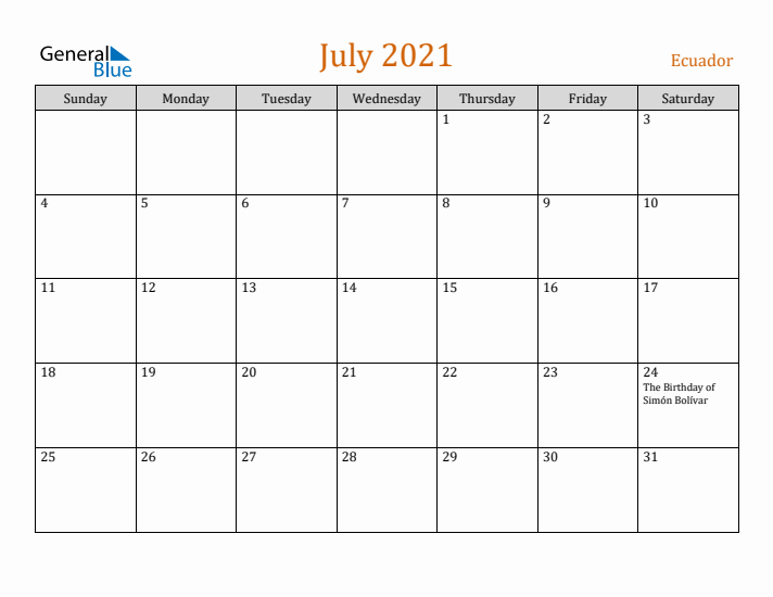 July 2021 Holiday Calendar with Sunday Start