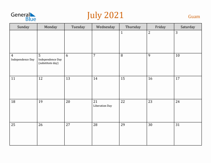 July 2021 Holiday Calendar with Sunday Start