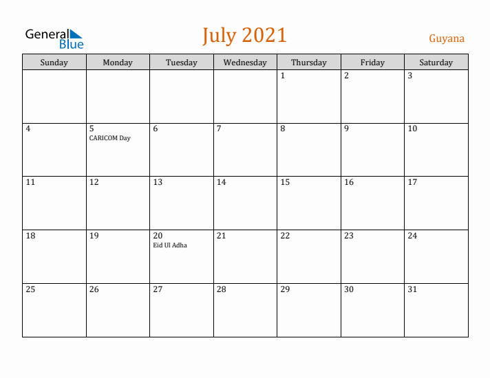 July 2021 Holiday Calendar with Sunday Start