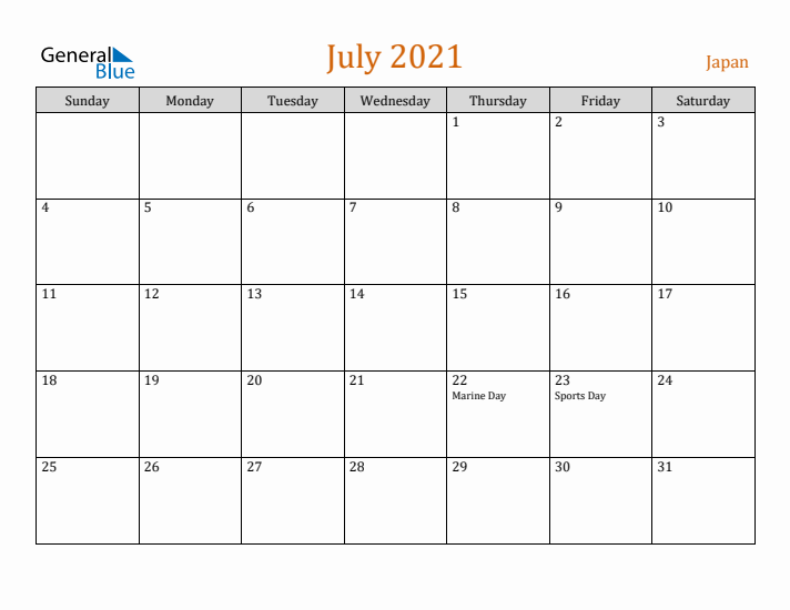 July 2021 Holiday Calendar with Sunday Start