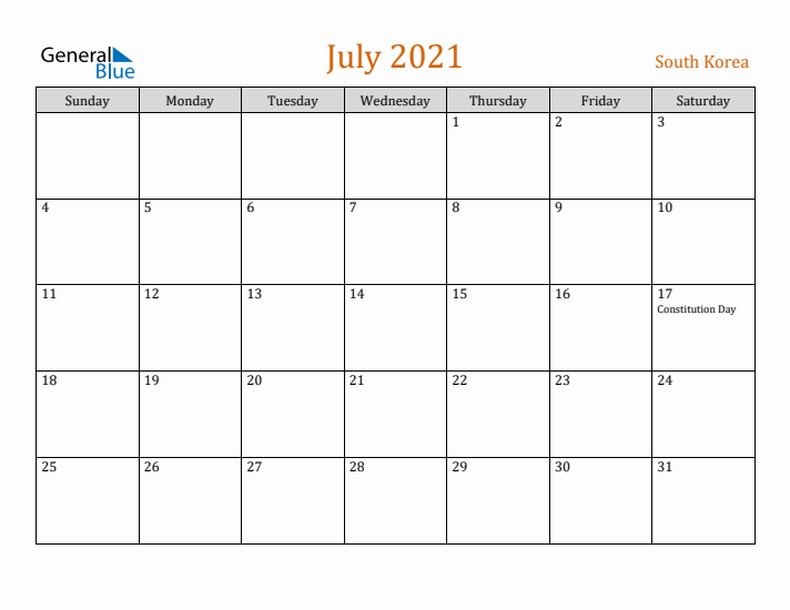 July 2021 Holiday Calendar with Sunday Start