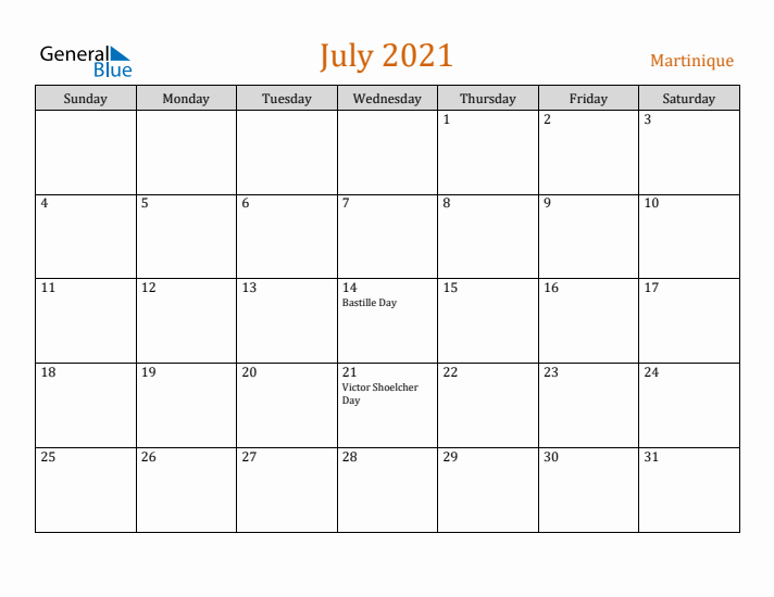 July 2021 Holiday Calendar with Sunday Start