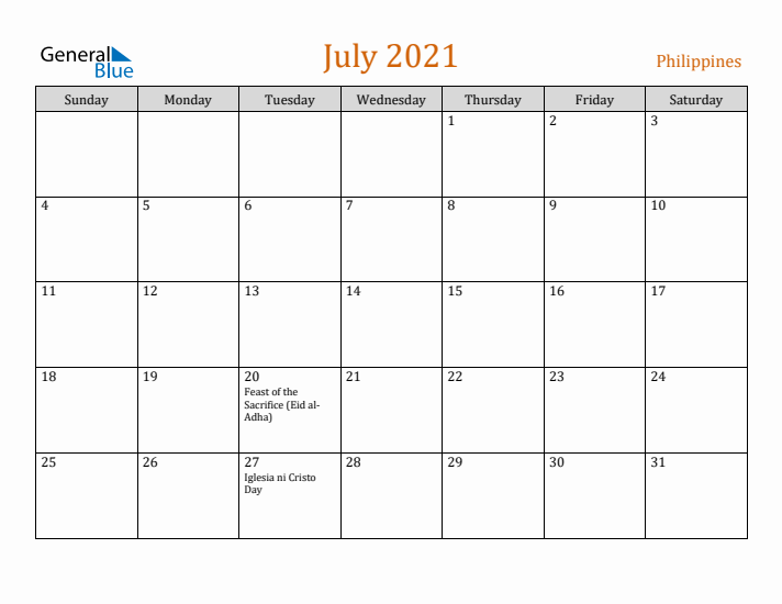 July 2021 Holiday Calendar with Sunday Start