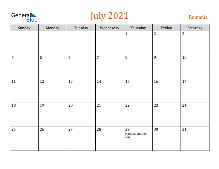 July 2021 Holiday Calendar with Sunday Start