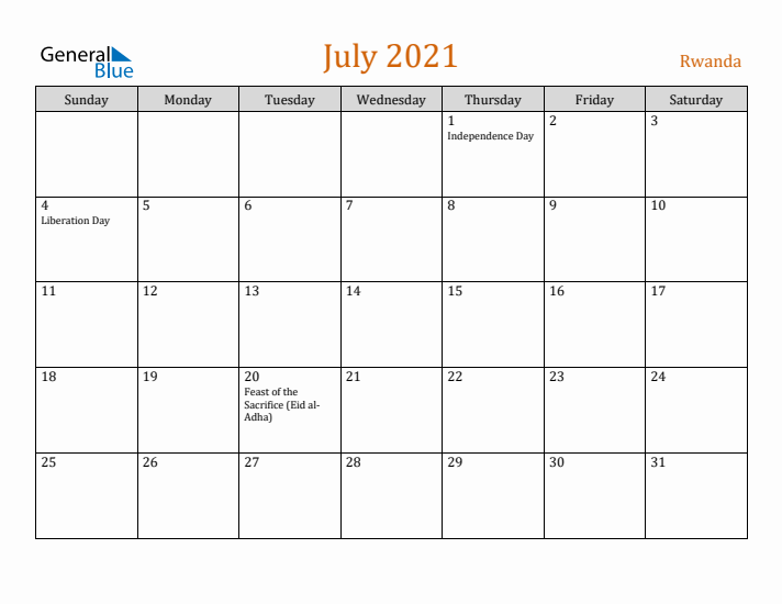 July 2021 Holiday Calendar with Sunday Start