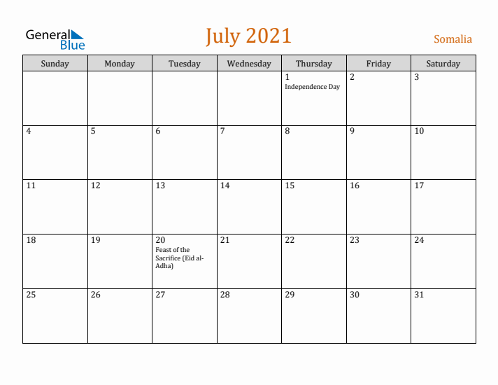 July 2021 Holiday Calendar with Sunday Start