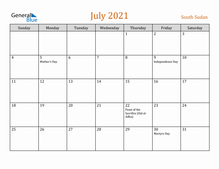 July 2021 Holiday Calendar with Sunday Start