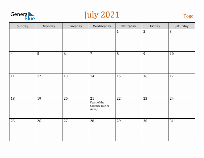 July 2021 Holiday Calendar with Sunday Start