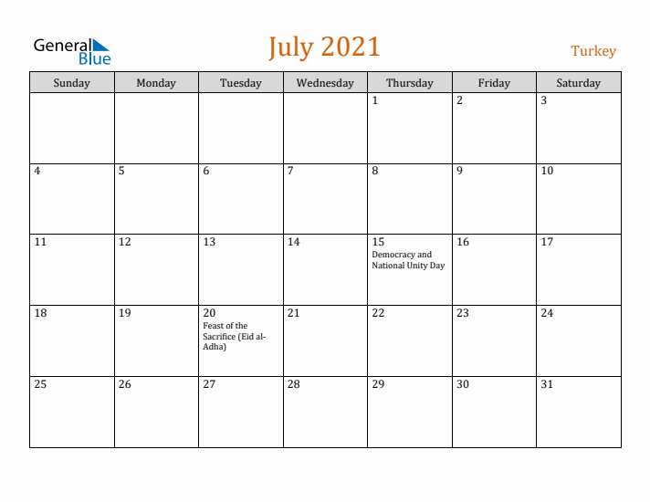 July 2021 Holiday Calendar with Sunday Start