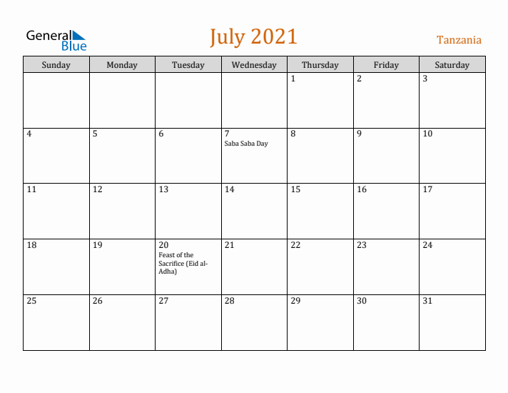 July 2021 Holiday Calendar with Sunday Start