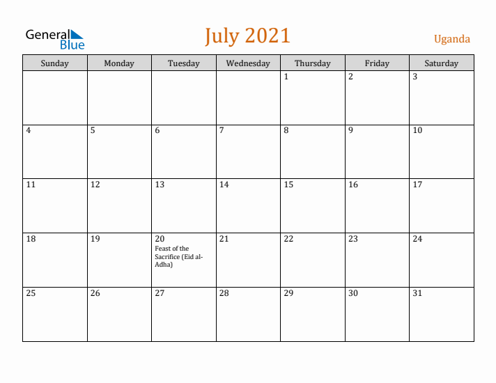 July 2021 Holiday Calendar with Sunday Start