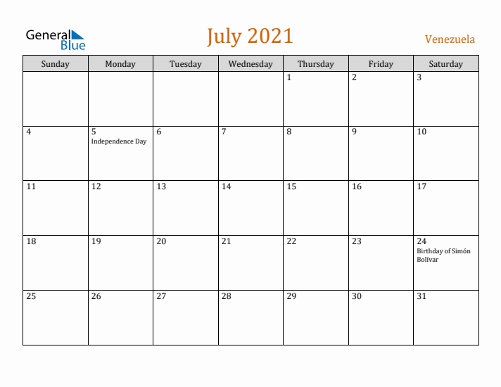 July 2021 Holiday Calendar with Sunday Start