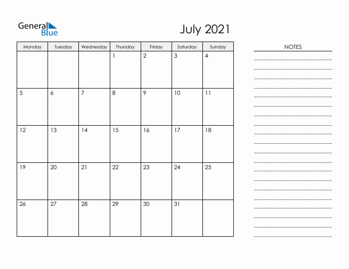 Printable Monthly Calendar with Notes - July 2021