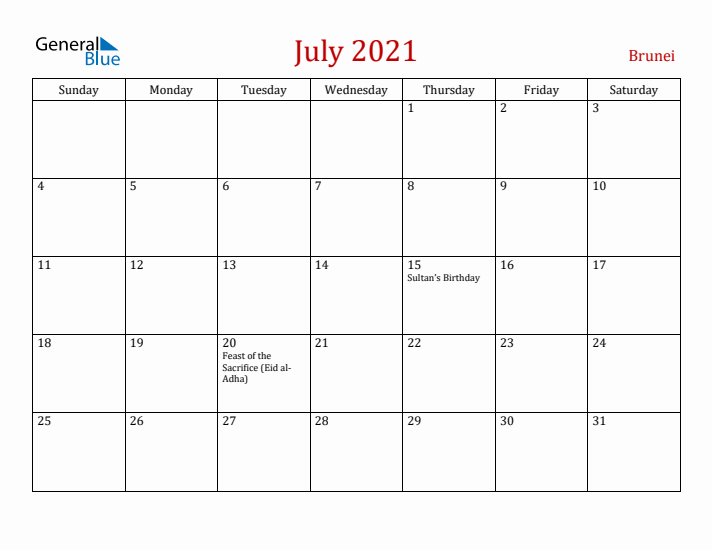 Brunei July 2021 Calendar - Sunday Start