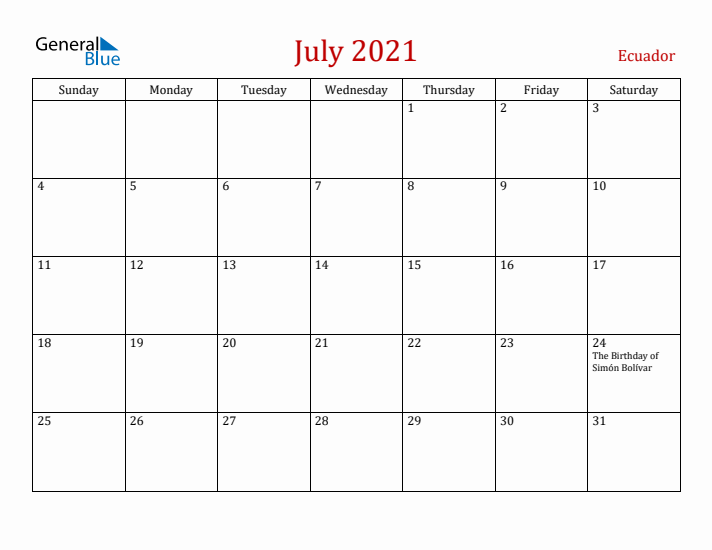 Ecuador July 2021 Calendar - Sunday Start