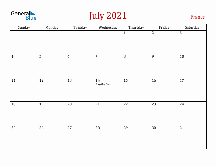 France July 2021 Calendar - Sunday Start