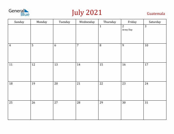 Guatemala July 2021 Calendar - Sunday Start