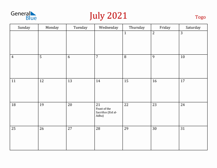 Togo July 2021 Calendar - Sunday Start