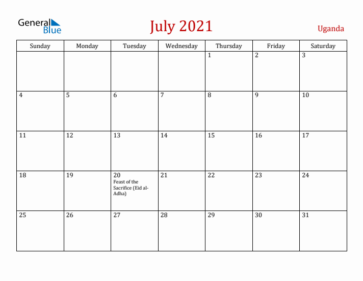 Uganda July 2021 Calendar - Sunday Start