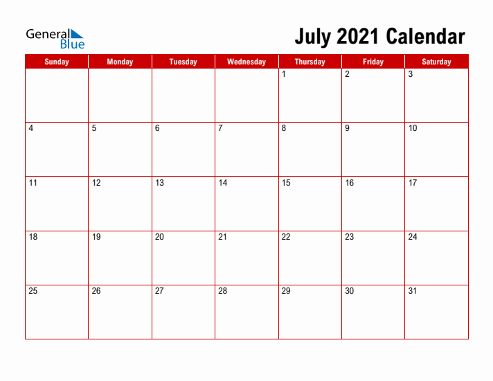 Simple Monthly Calendar - July 2021