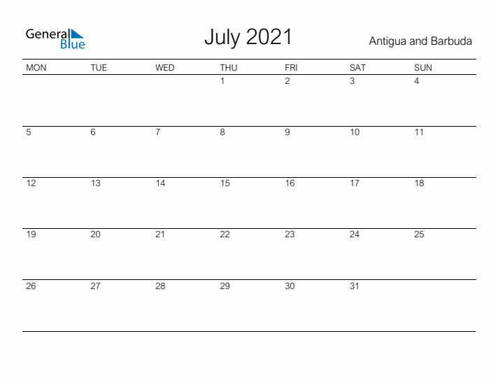 Printable July 2021 Calendar for Antigua and Barbuda